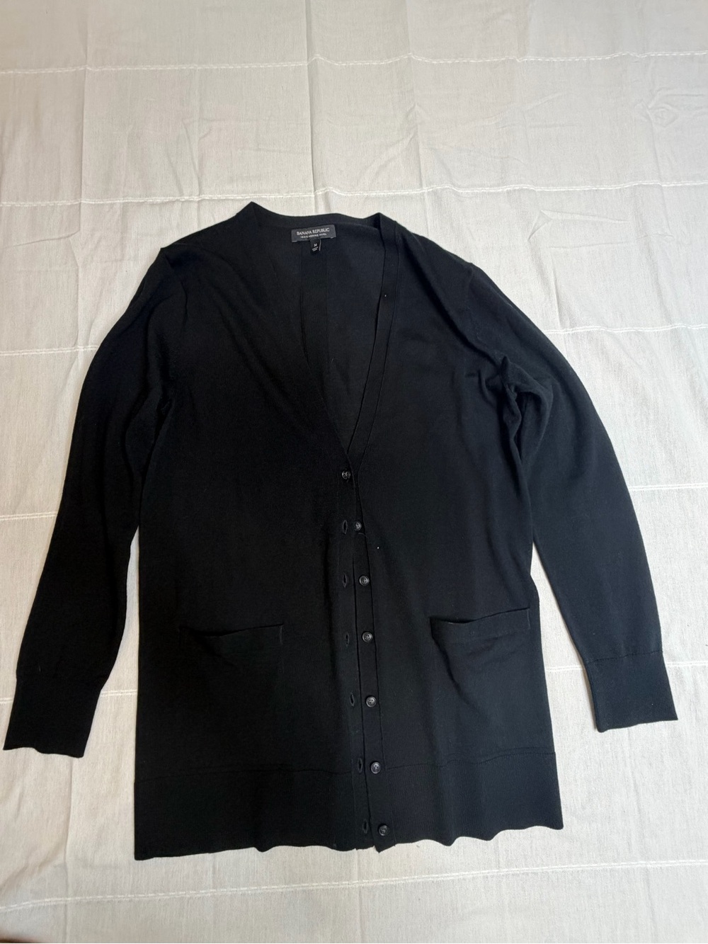 100%Merino Wool Banana Republic Black Long V-Neck Button Cardigan